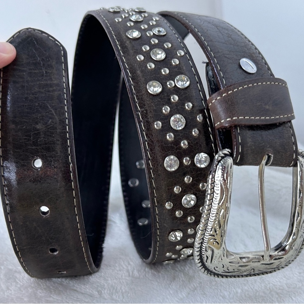 Western Brown Leather Belt with Studs & Rhinestones 38